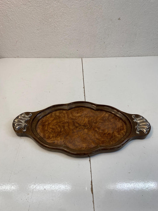 Vassoio vintage in legno e radica con inserti in argento 800, vassoio decorativo 46,5x24 cm, centrotavola elegante