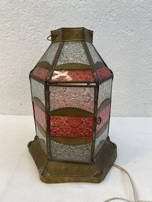 Lampada Marocchina in Ottone e Vetri Colorati - Lanterna Orientale da Tavolo o Comodino - Design Arabo con Sportello Apribile (27x19x19 cm)