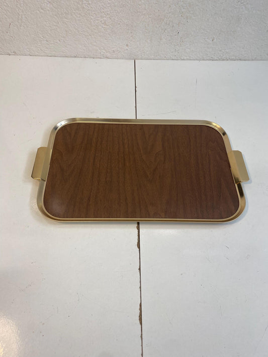 Vassoio Vintage Anni '60 in legno e ottone dorato  Stile retrò elegante (47,5x28,5 cm)