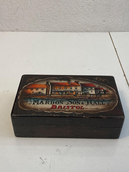 Antica scatola in legno dipinta a mano Mardon Son & Hall Bristol 22x13,5x7 cm