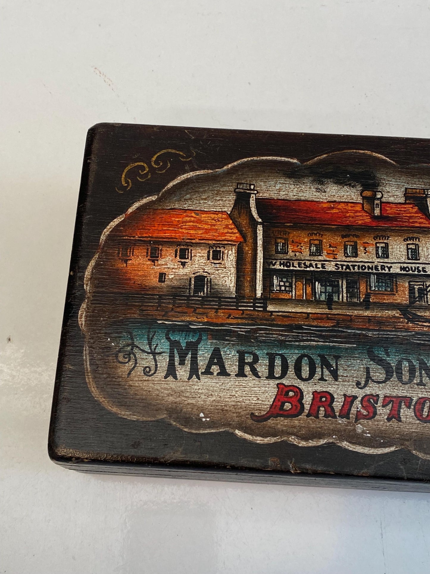 Antica scatola in legno dipinta a mano Mardon Son & Hall Bristol 22x13,5x7 cm