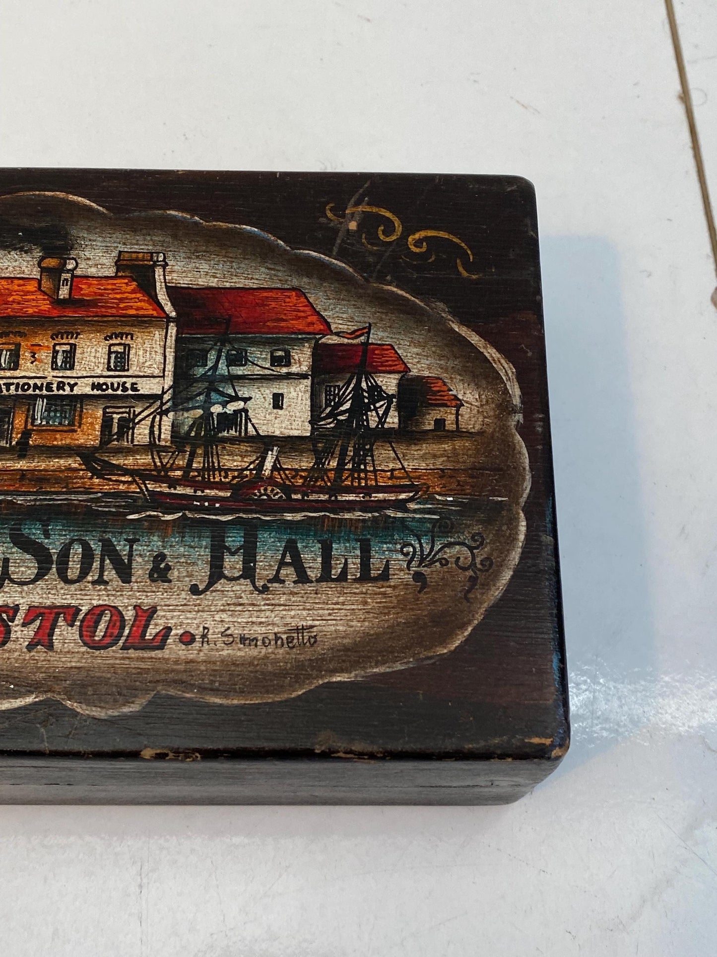 Antica scatola in legno dipinta a mano Mardon Son & Hall Bristol 22x13,5x7 cm