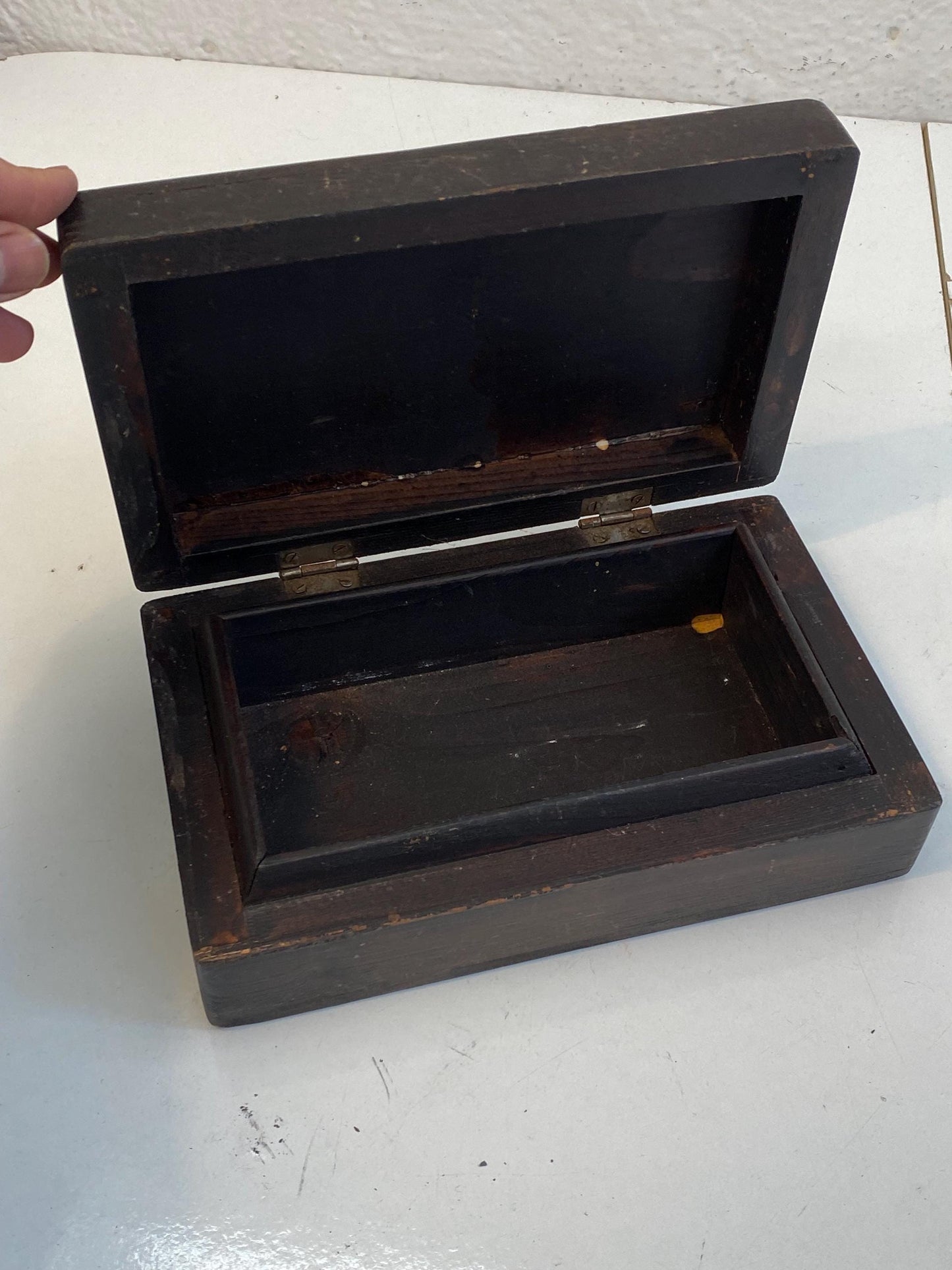 Antica scatola in legno dipinta a mano Mardon Son & Hall Bristol 22x13,5x7 cm