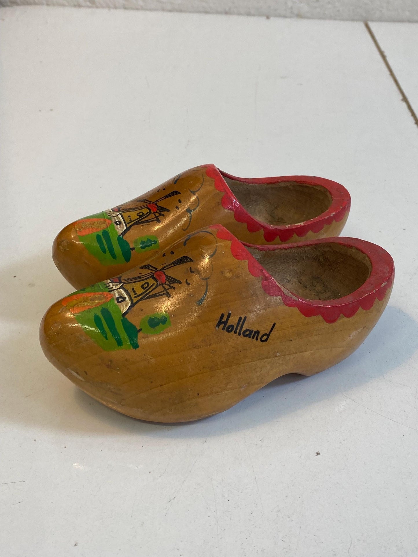 Zoccoli Olandesi Vintage in Legno Dipinti a Mano  Souvenir Holland 17x7x8 cm  Scarpe Folk con Mulino
