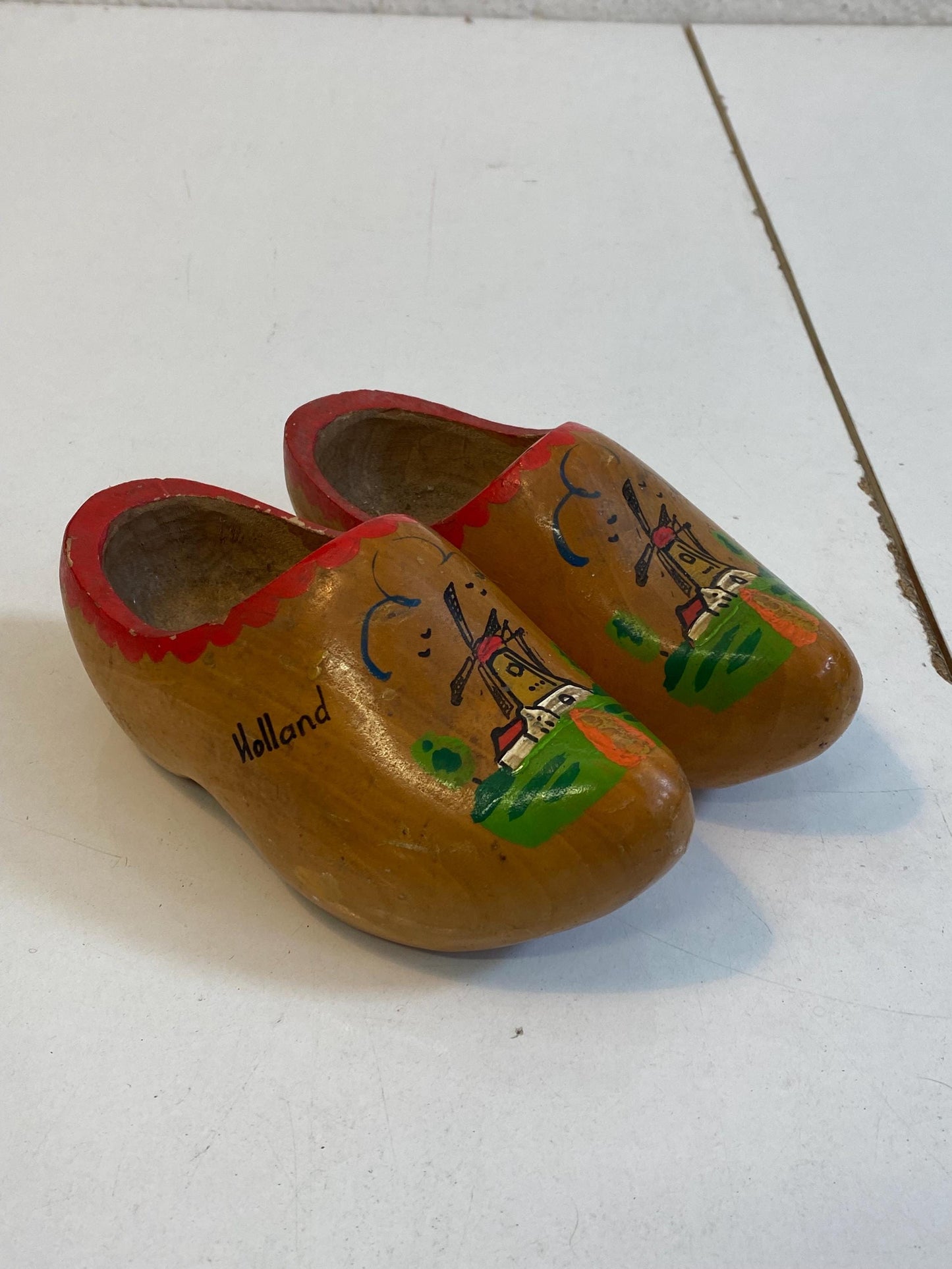 Zoccoli Olandesi Vintage in Legno Dipinti a Mano  Souvenir Holland 17x7x8 cm  Scarpe Folk con Mulino