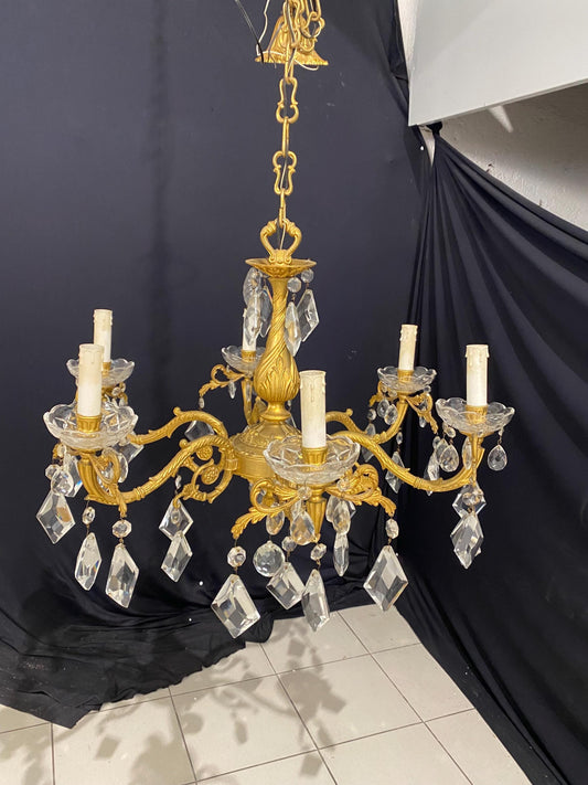Lampadario Vintage in Ottone a 6 Luci con Gocce di Cristallo  68x48 cm, Stile Barocco Elegante