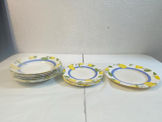 Set piatti vintage Arcopal limoni  13 pezzi  7 fondi, 5 dessert, 1 grande  stile Provenza per tavola estiva