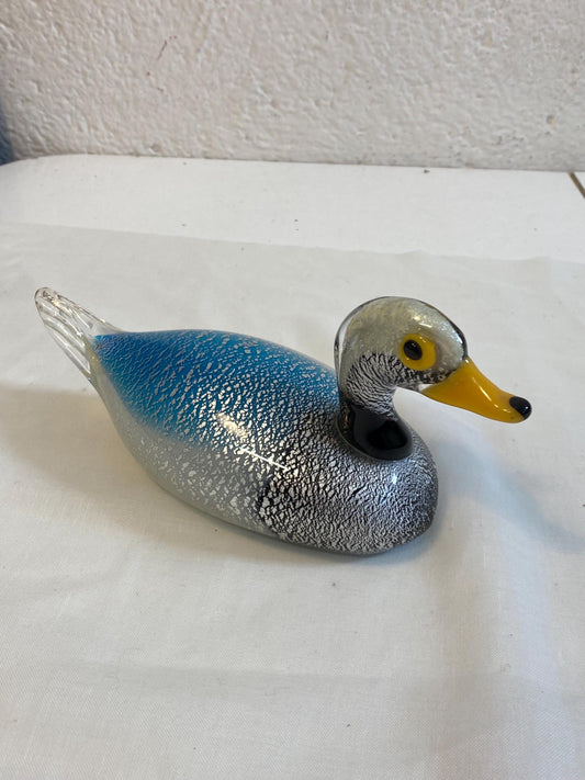 Anatra in vetro soffiato vintage  Scultura decorativa 11x23 cm blu e argento  Murano style anni '80 da collezione