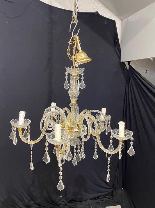 Lampadario vintage in vetro di Murano a 5 luci con pendenti, cristalli e dettagli oro, 40x60 cm regolabile  stile classico raffinato