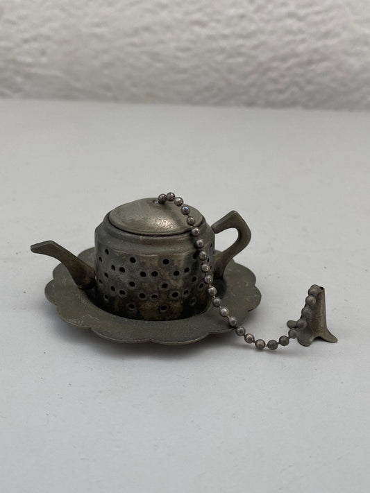 Infusore tè vintage a forma di teiera con piattino 6x3 cm placcato argento  collezione tè, idea regalo originale