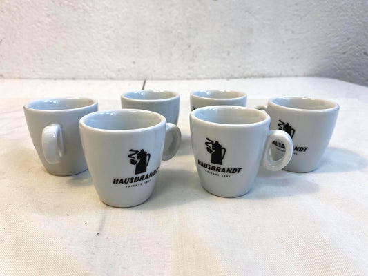 Set 6 tazzine caffè espresso Hausbrandt | Porcellana bianca bar vintage Trieste 1892 | Collezione pubblicitaria