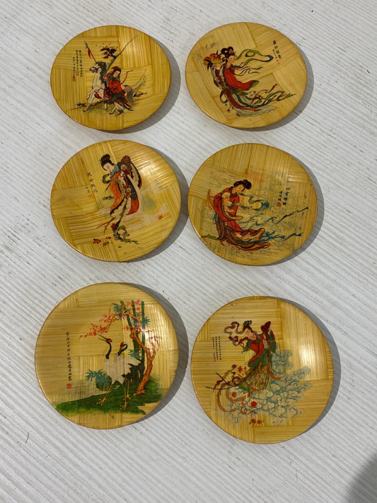 Sottobicchieri vintage in bambù decorati a mano  arte cinese, 10,5 cm  set da 6, ideale per collezione o regalo zen