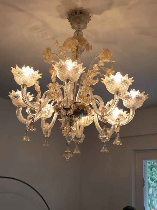 Lampadario vintage Murano anni 60 in vetro soffiato con fiori dorati  12 luci  Ø 90 x h 100 cm  barocco veneziano