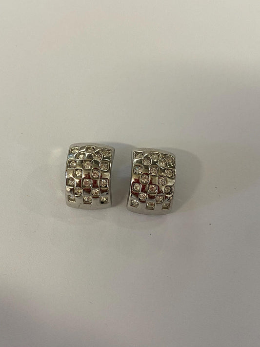 Orecchini a clip metallo argentato con strass pavé | Vintage eleganti anni '90 1,5x1 cm | Bijoux luminosi da sera