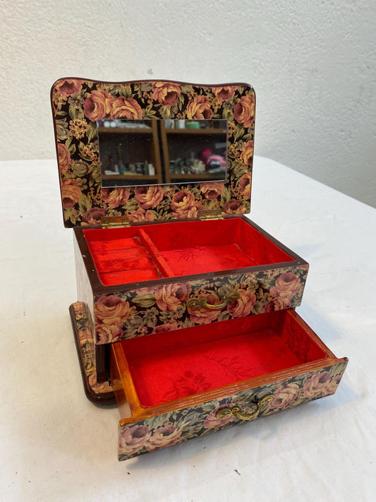 Carillon portagioie vintage floreale con cassetti, specchio e velluto rosso  20x14x11 cm  musica romantica anni '80