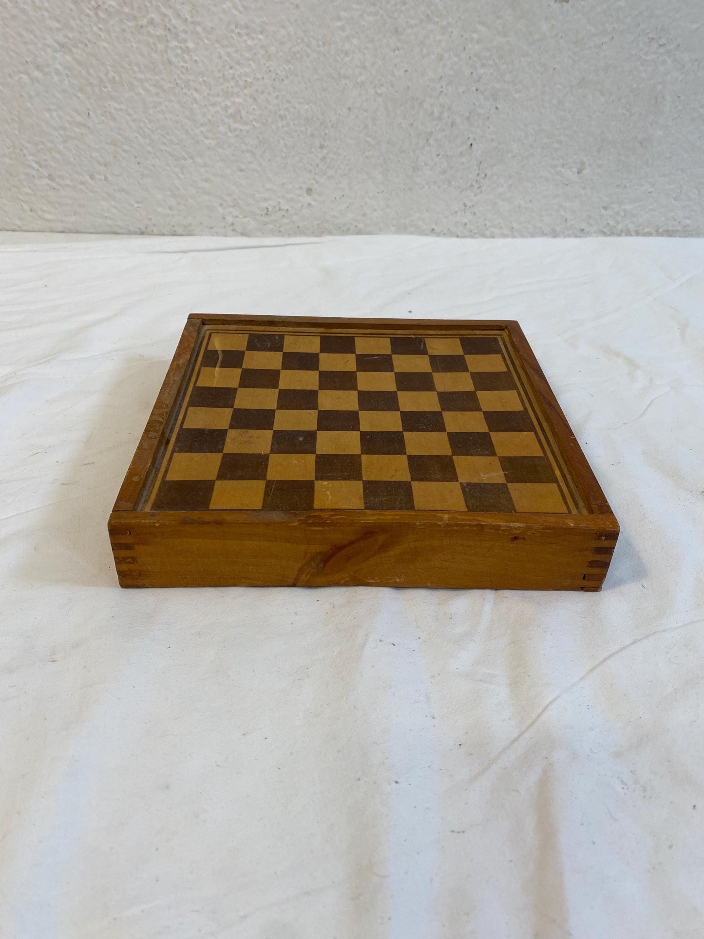 Scatola in legno vintage per dama e mulino, tavola da gioco doppia faccia con pedine, con cassetto integrato per la custodia