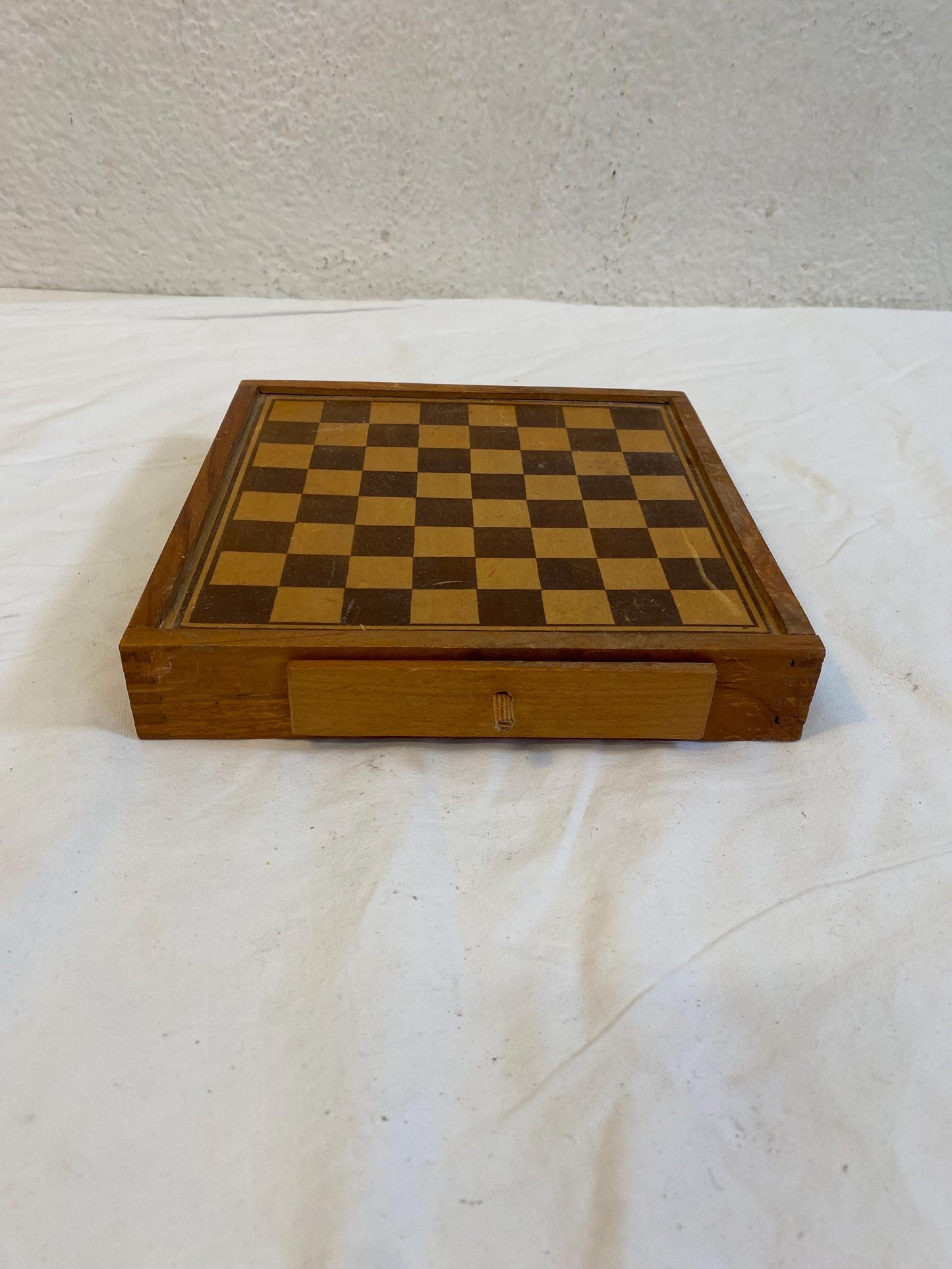 Scatola in legno vintage per dama e mulino, tavola da gioco doppia faccia con pedine, con cassetto integrato per la custodia