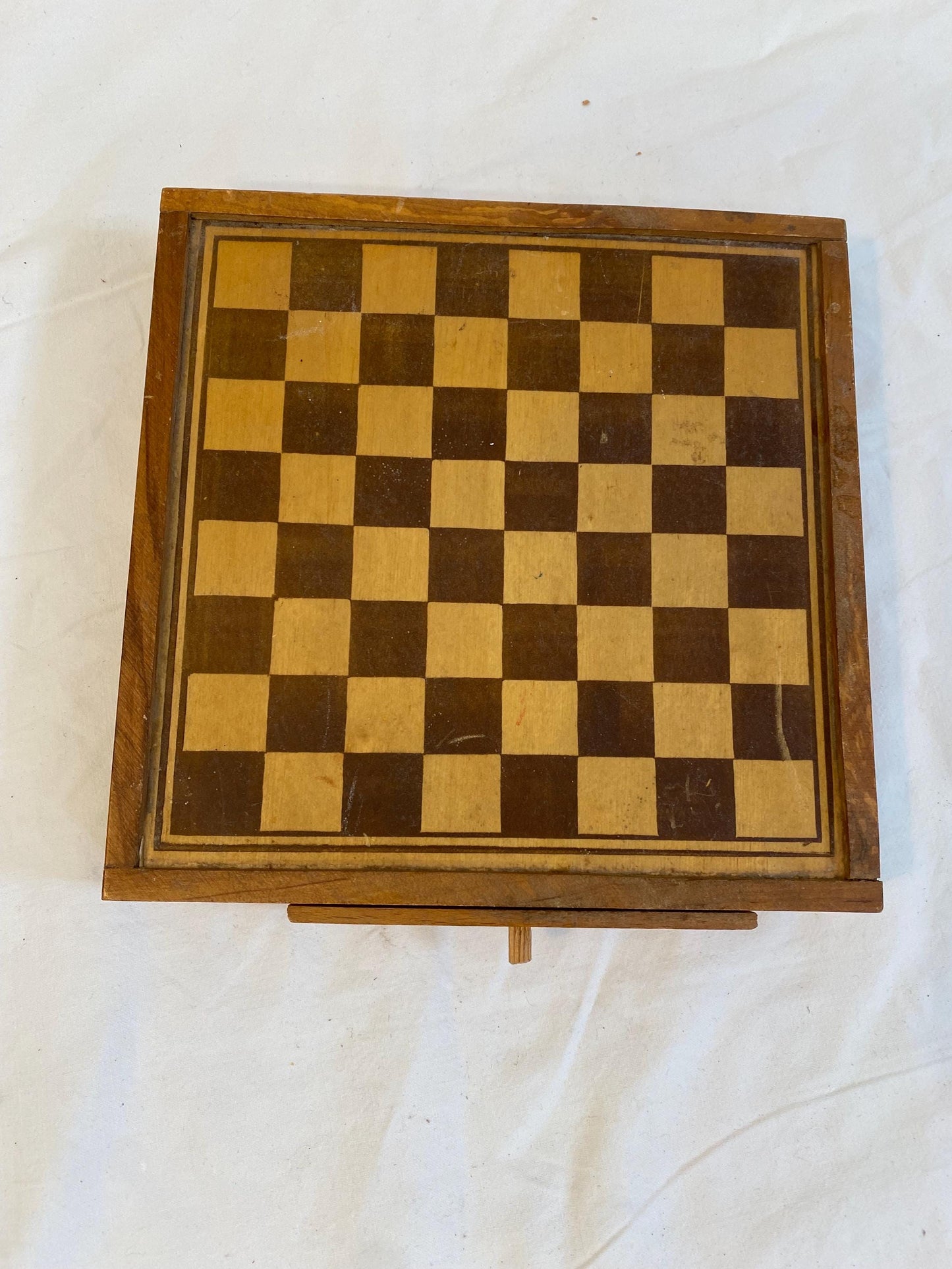 Scatola in legno vintage per dama e mulino, tavola da gioco doppia faccia con pedine, con cassetto integrato per la custodia