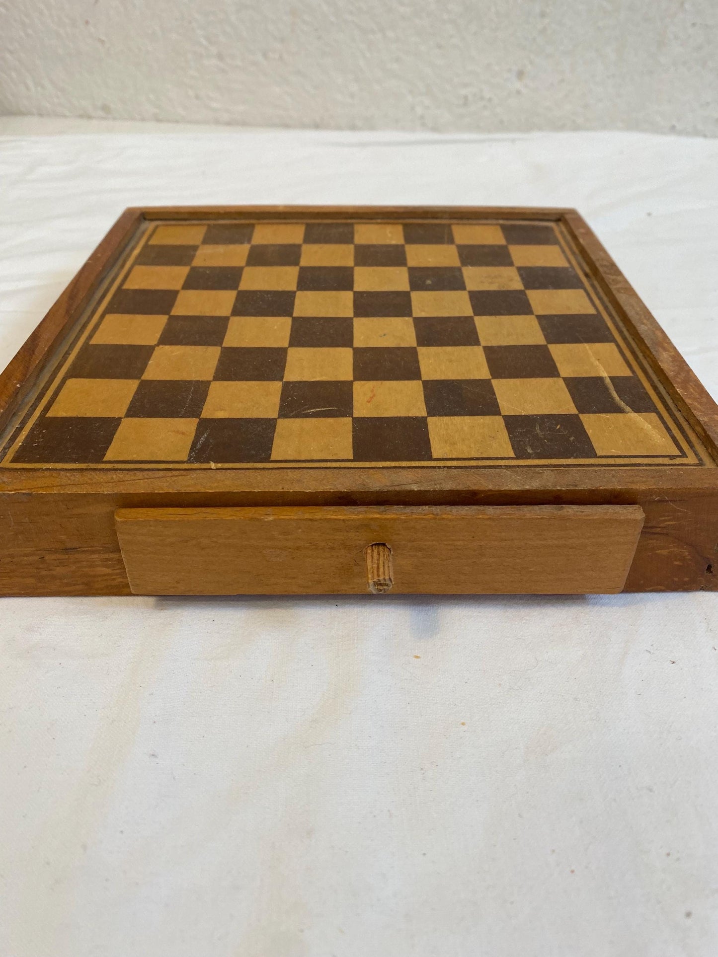 Scatola in legno vintage per dama e mulino, tavola da gioco doppia faccia con pedine, con cassetto integrato per la custodia