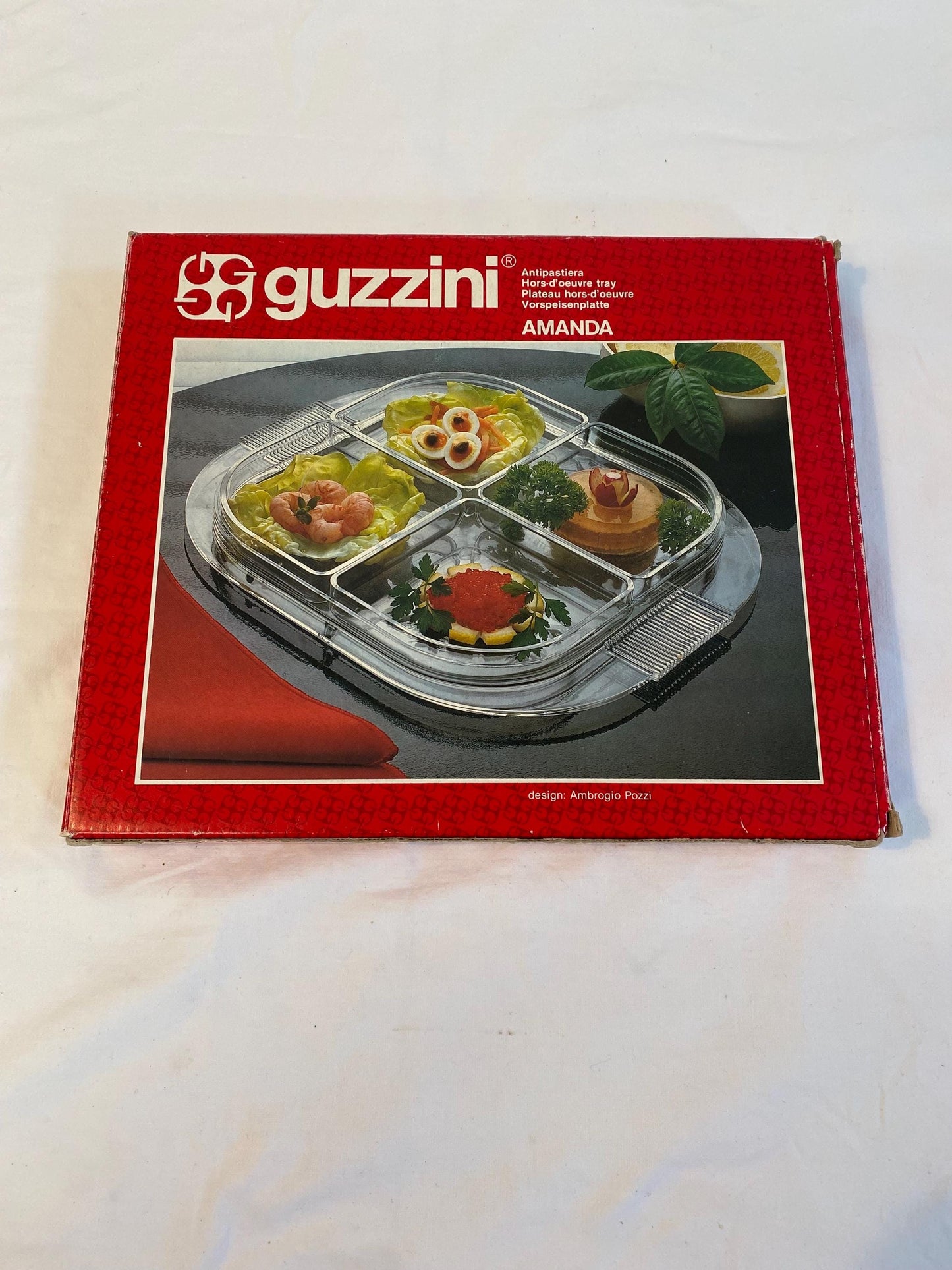 Vassoio antipasti Guzzini Amanda vintage 30x26 cm  design Ambrogio Pozzi, 4 scomparti, anni ‘80, in scatola originale