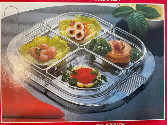 Vassoio antipasti Guzzini Amanda vintage 30x26 cm  design Ambrogio Pozzi, 4 scomparti, anni ‘80, in scatola originale