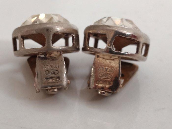 Orecchini vintage a clip in argento 925 con cristallo sfaccettato  anni '50 made in Italy, 7,65 g