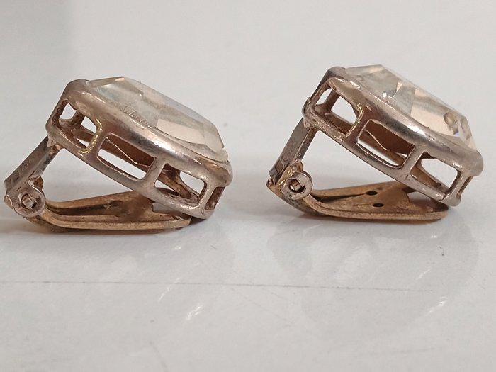 Orecchini vintage a clip in argento 925 con cristallo sfaccettato  anni '50 made in Italy, 7,65 g