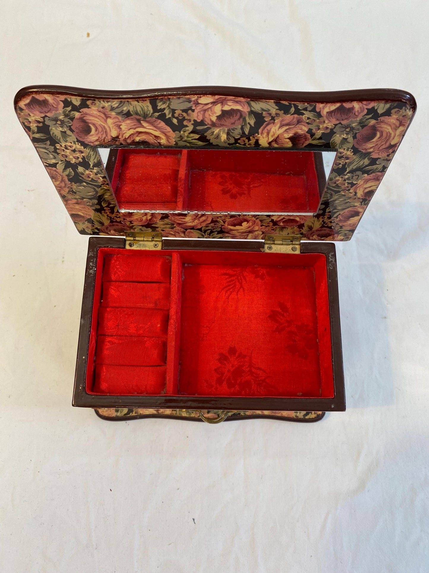 Carillon portagioie vintage floreale con cassetti, specchio e velluto rosso  20x14x11 cm  musica romantica anni '80