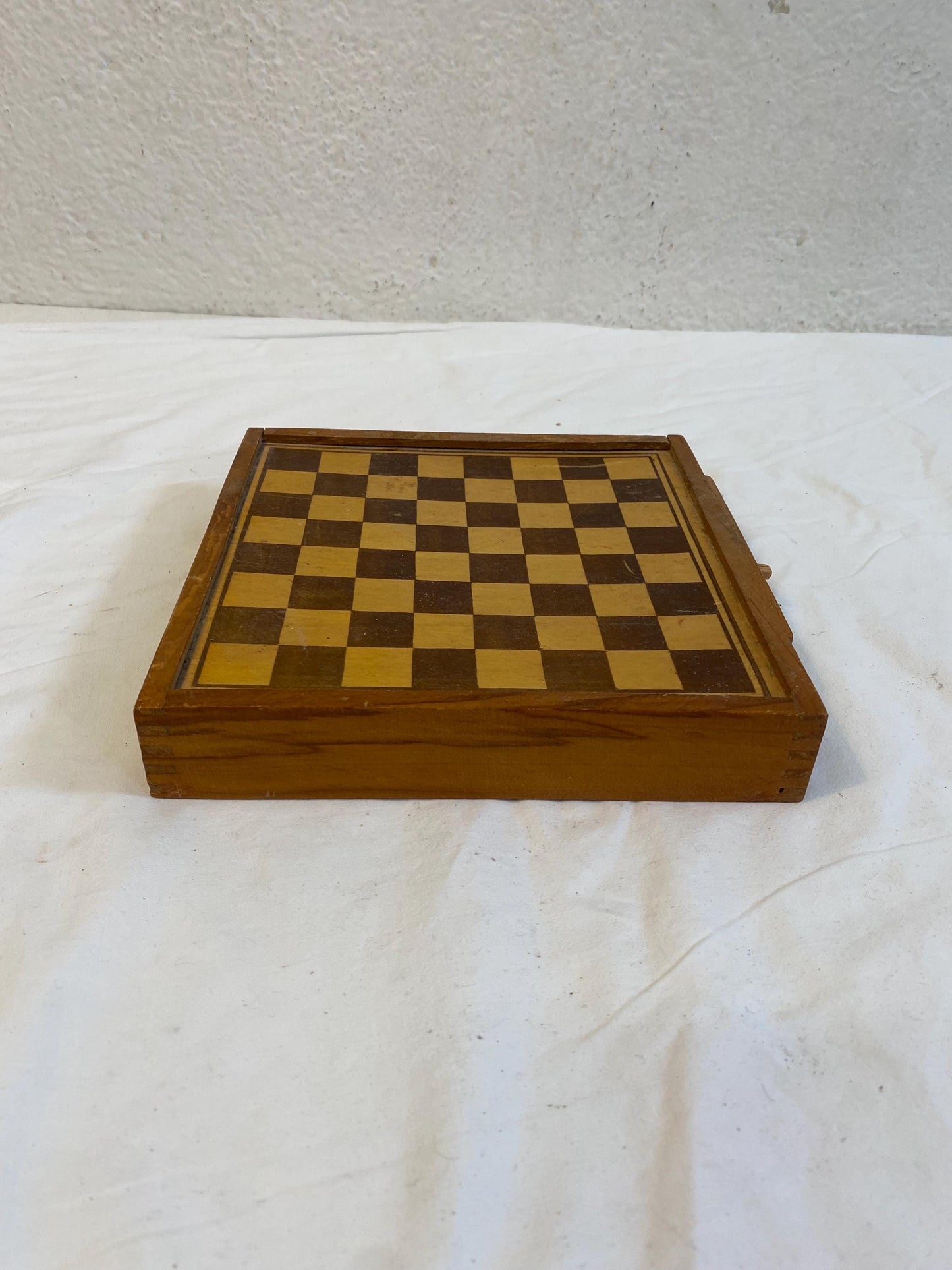 Scatola in legno vintage per dama e mulino, tavola da gioco doppia faccia con pedine, con cassetto integrato per la custodia