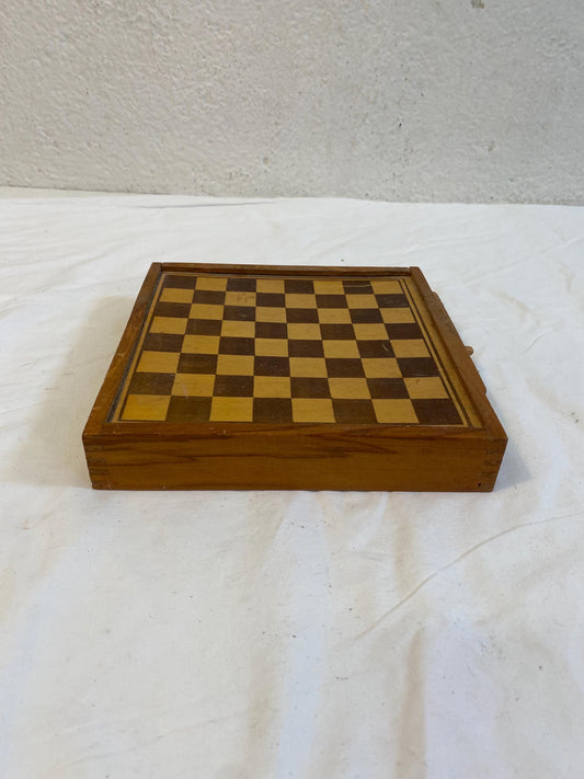 Scatola in legno vintage per dama e mulino, tavola da gioco doppia faccia con pedine, con cassetto integrato per la custodia