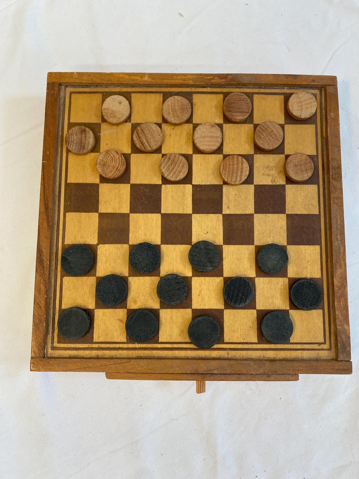 Scatola in legno vintage per dama e mulino, tavola da gioco doppia faccia con pedine, con cassetto integrato per la custodia