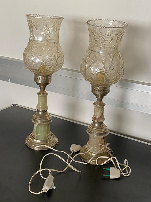 Coppia lampade da comodino vintage anni 50/60 in marmo e argento 800 con coppe in vetro  eleganza rétro funzionanti