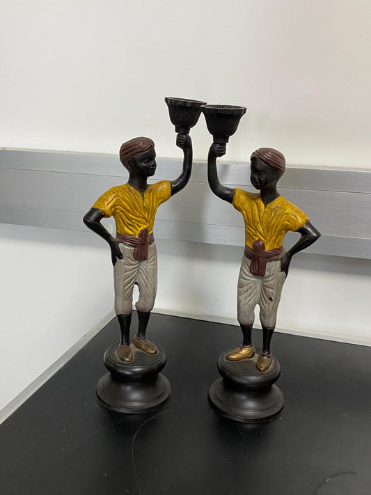 Coppia di Candelabri Vintage - Statuette in Stile Colonial - 25,5x11x7 cm