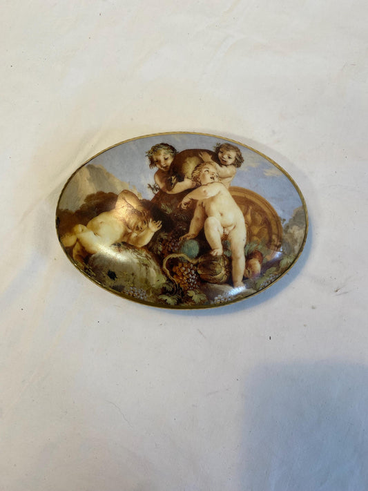 Scatola porcellana Limoges con putti decorata a mano  Platinum Art Francia oro zecchino 24k 19x14x5 cm vintage da collezione