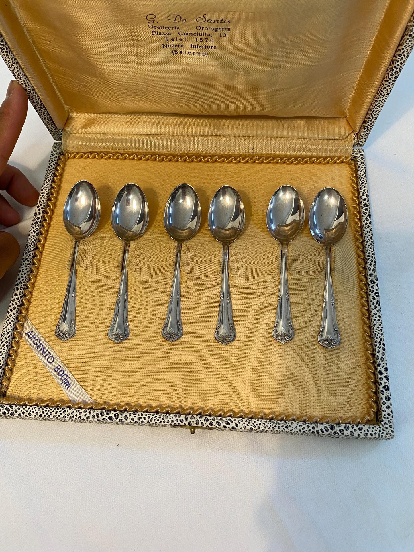 Set 6 cucchiaini vintage argento 800  in scatola originale 10 cm posate da collezione eleganti rétro, regalo apprezzato per amanti del caffe
