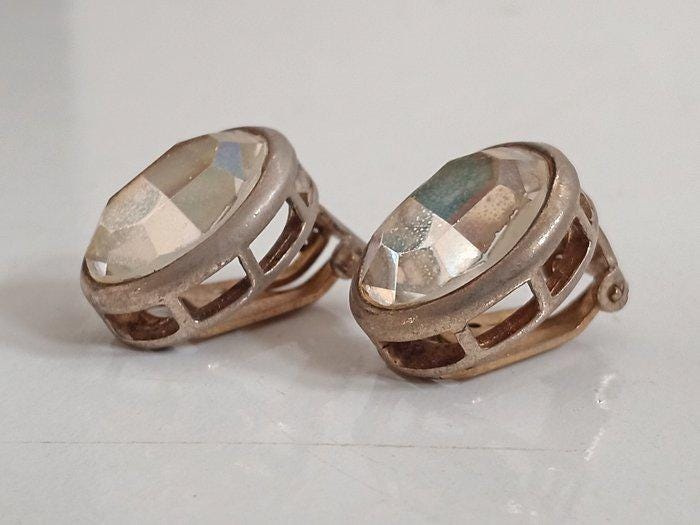 Orecchini vintage a clip in argento 925 con cristallo sfaccettato  anni '50 made in Italy, 7,65 g