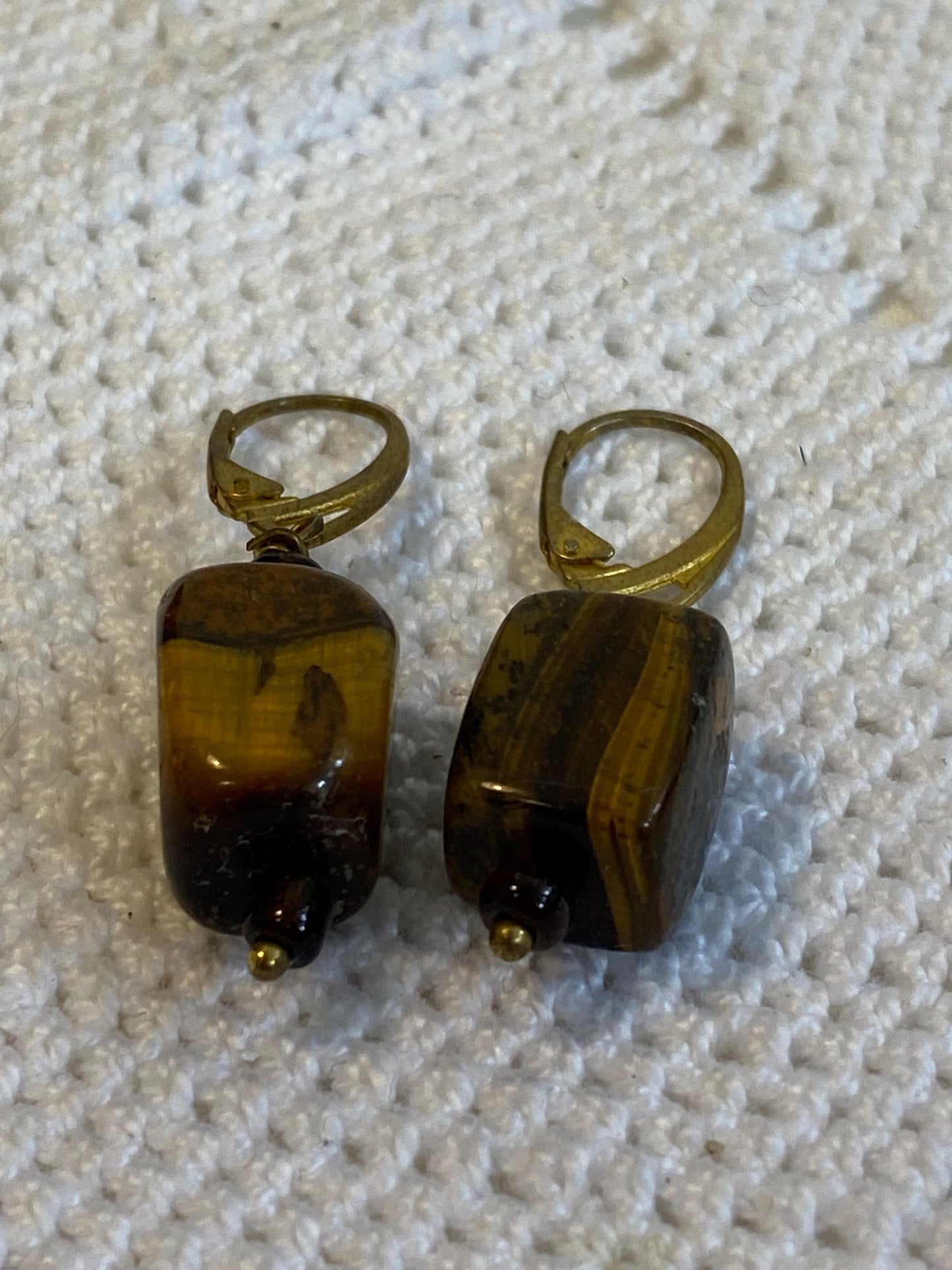 Orecchini a leva vintage occhio di tigre marrone anni 70 pietra naturale rettangolare 1,5 cm 0.59 in ganci dorati