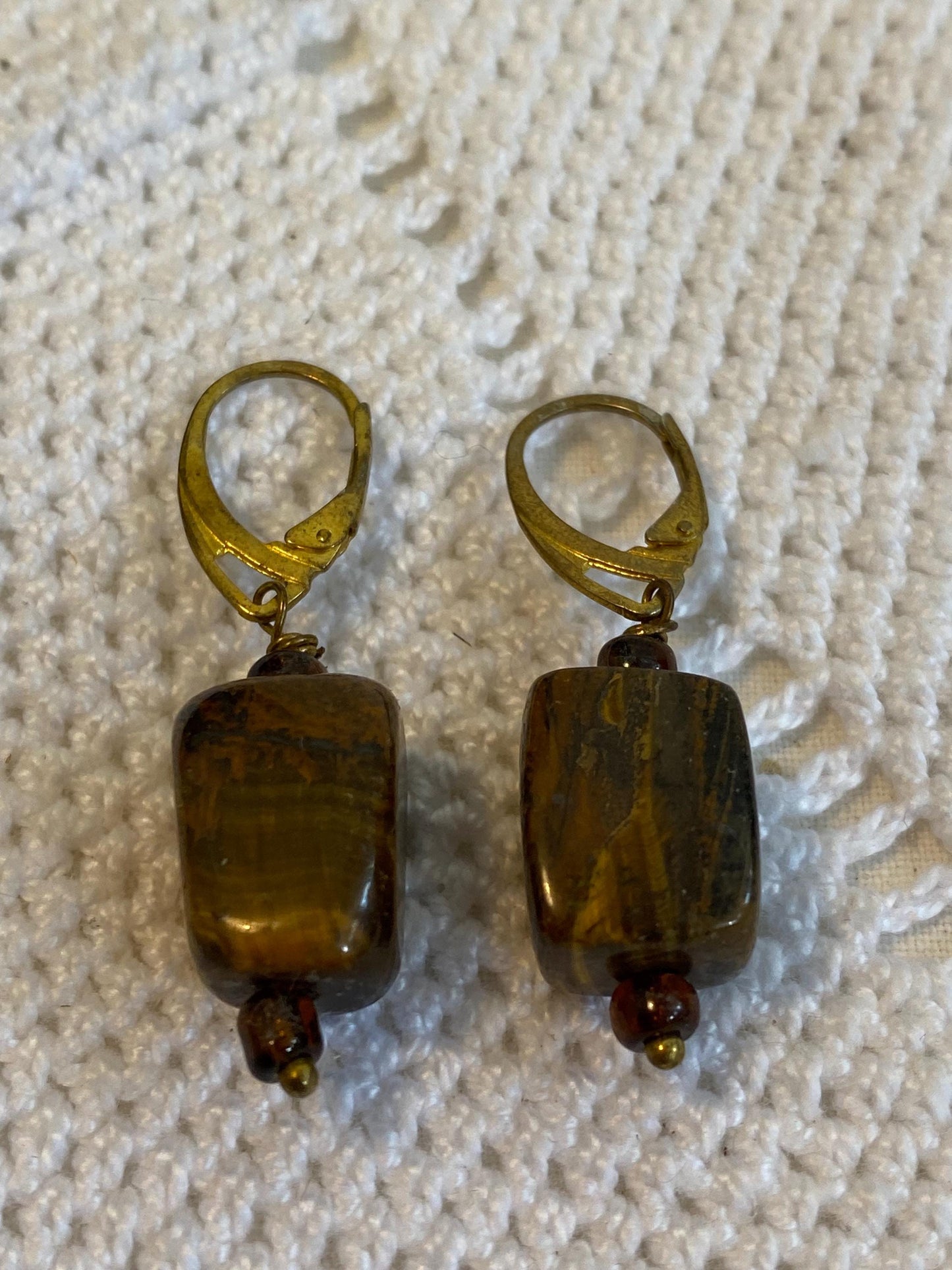 Orecchini a leva vintage occhio di tigre marrone anni 70 pietra naturale rettangolare 1,5 cm 0.59 in ganci dorati