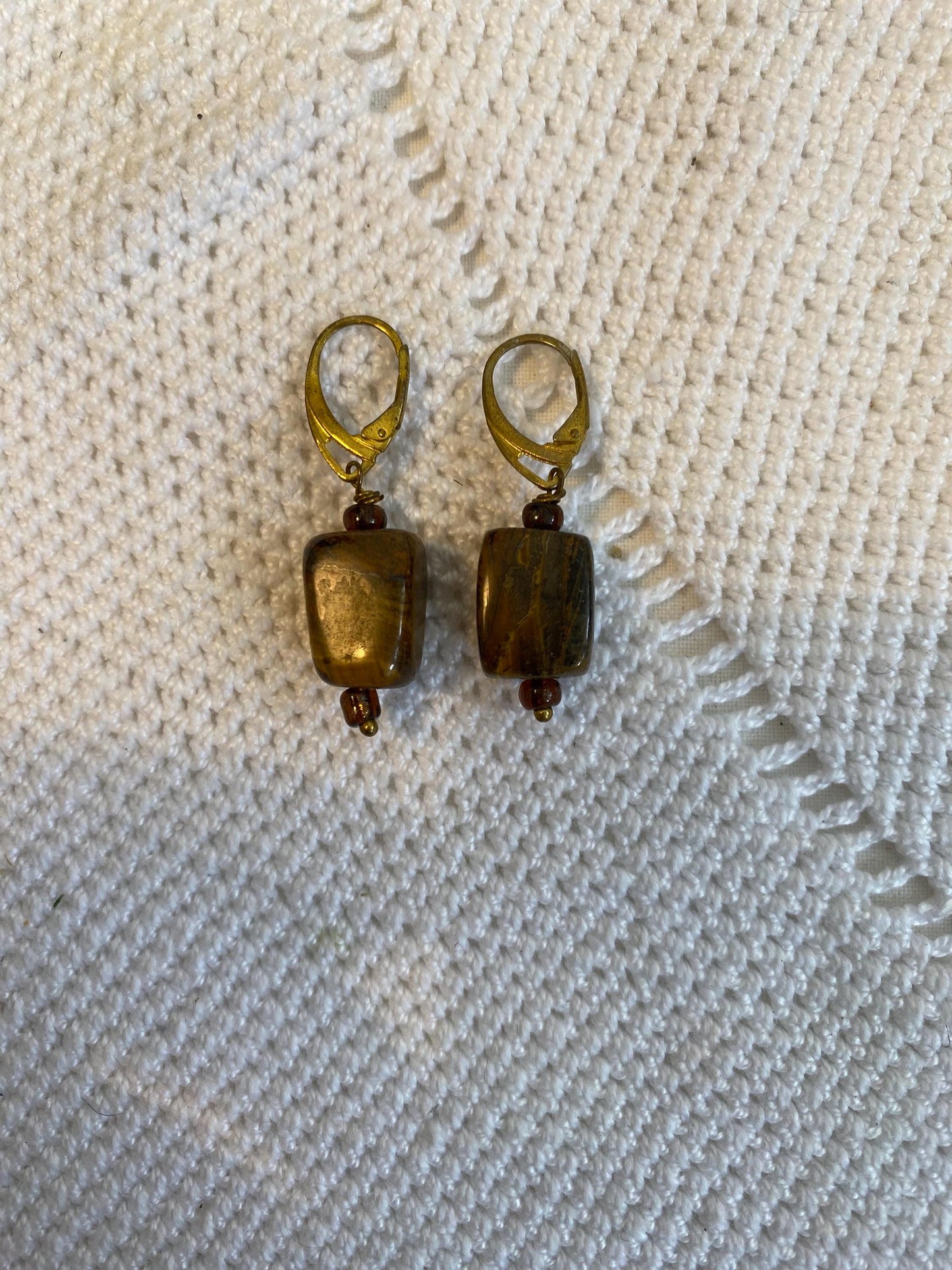 Orecchini a leva vintage occhio di tigre marrone anni 70 pietra naturale rettangolare 1,5 cm 0.59 in ganci dorati