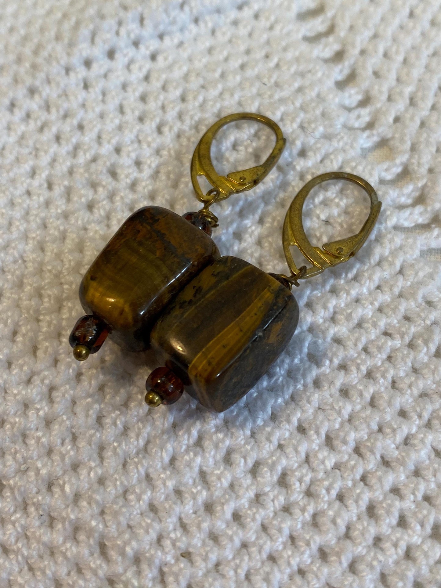 Orecchini a leva vintage occhio di tigre marrone anni 70 pietra naturale rettangolare 1,5 cm 0.59 in ganci dorati