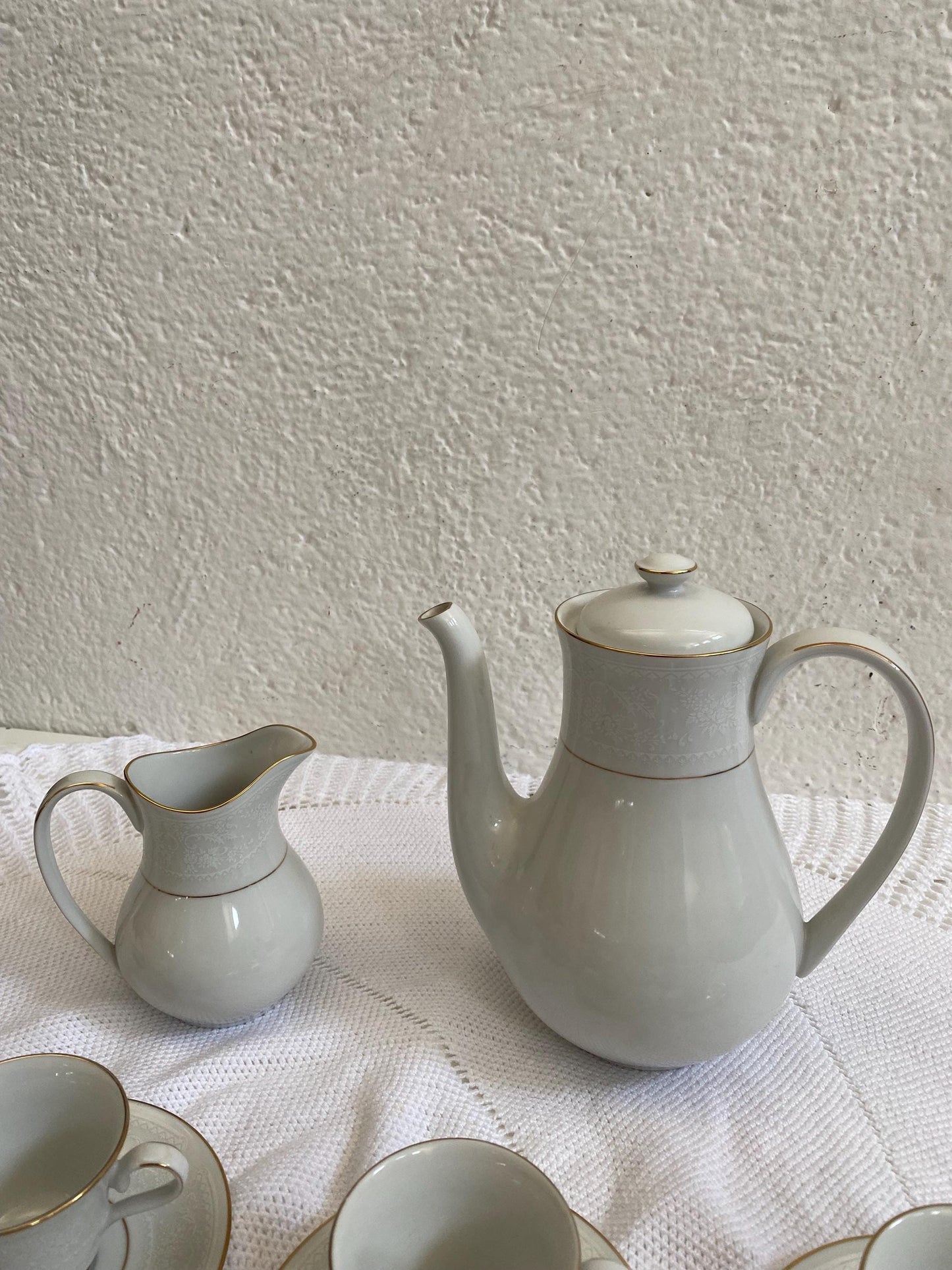 Servizio caffè vintage Laklain Bone China Danbury  8 tazzine, teiera, lattiera, 12 piattini, porcellana bianca e oro, regalo elegante nozze
