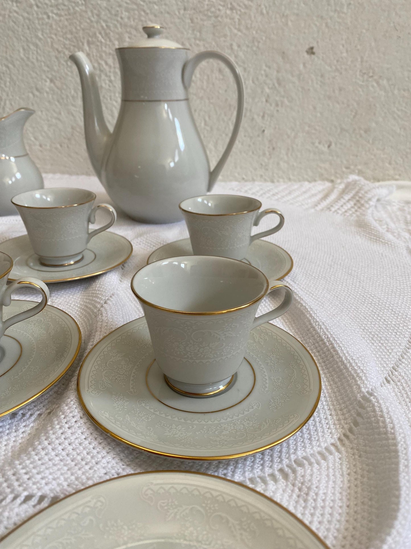 Servizio caffè vintage Laklain Bone China Danbury  8 tazzine, teiera, lattiera, 12 piattini, porcellana bianca e oro, regalo elegante nozze