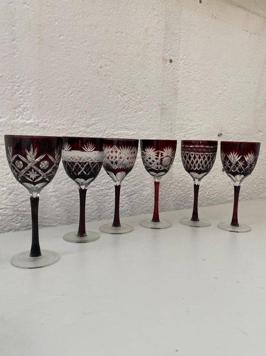 Set 6 calici in cristallo inciso rosso rubino Boemia vintage h 17,5 cm bicchieri da vino taglio a mano per collezione o regalo elegante