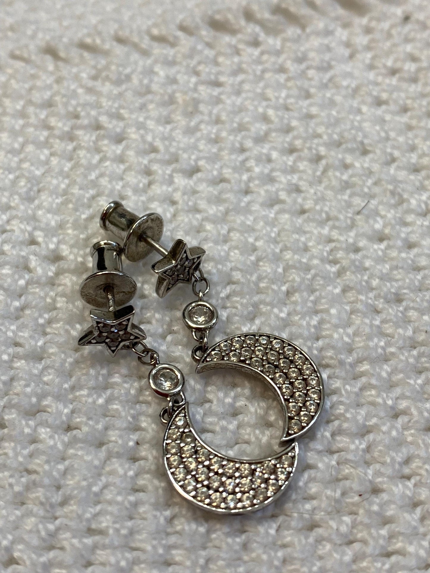 Sterling Silver Star & Crescent Moon Dangle Earrings, Mabina 925, Sparkling Zirconia Celestial Jewelry, Rare One-Off Gift for Moon Lovers