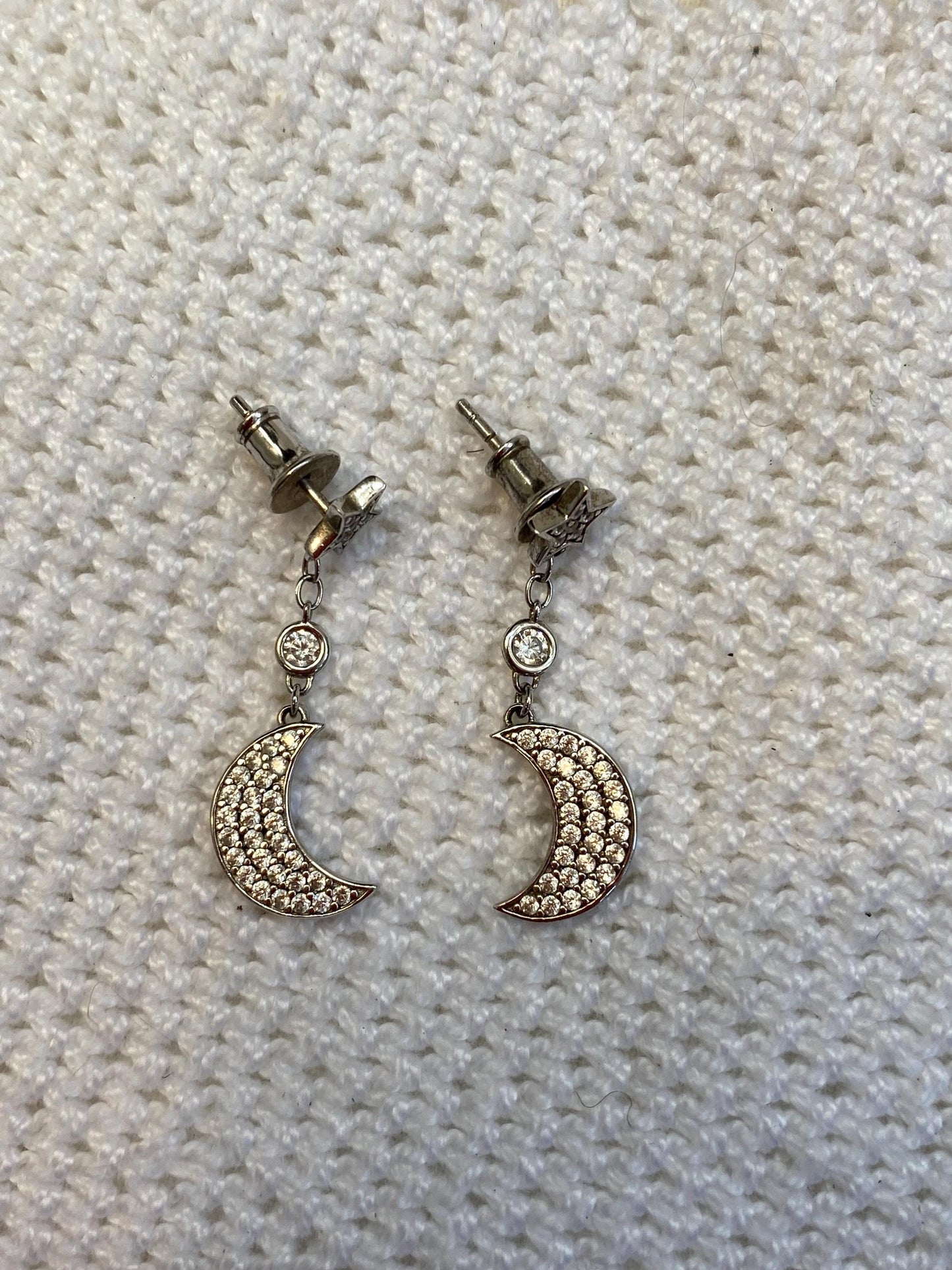 Sterling Silver Star & Crescent Moon Dangle Earrings, Mabina 925, Sparkling Zirconia Celestial Jewelry, Rare One-Off Gift for Moon Lovers