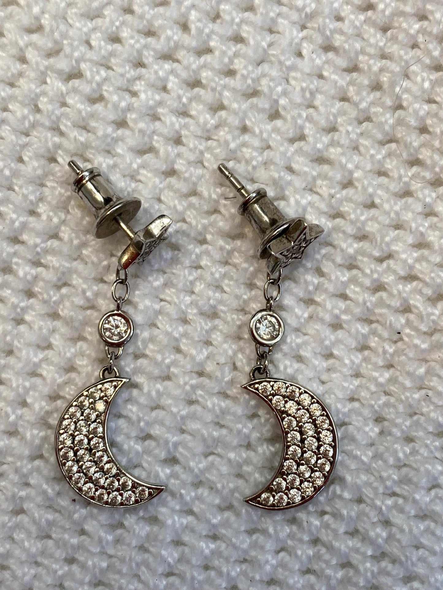 Sterling Silver Star & Crescent Moon Dangle Earrings, Mabina 925, Sparkling Zirconia Celestial Jewelry, Rare One-Off Gift for Moon Lovers