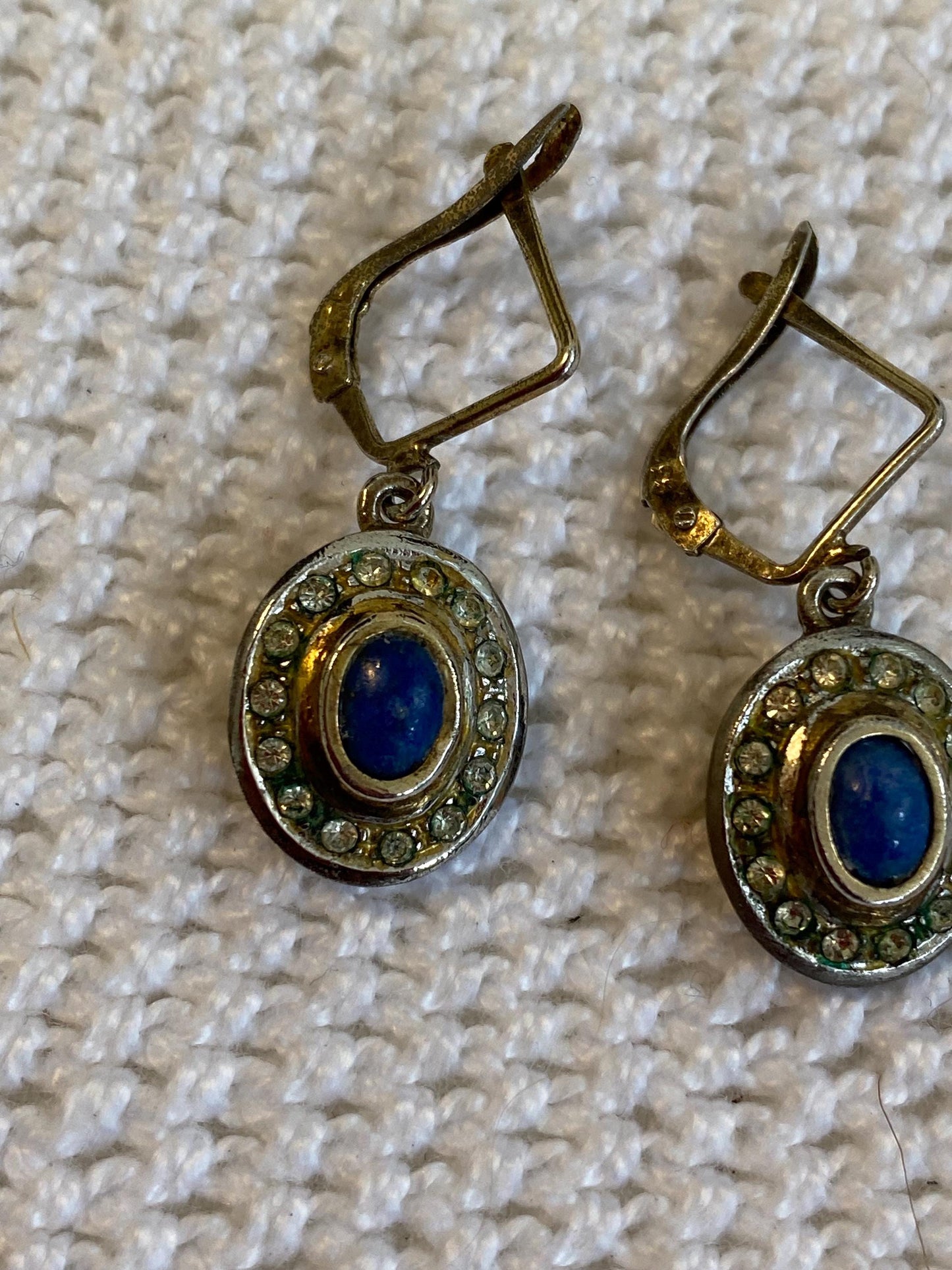 Orecchini pendenti vintage argento 835 cabochon blu & cristalli, leverback anni 60 piccoli drop eleganti gioiello raro collezione