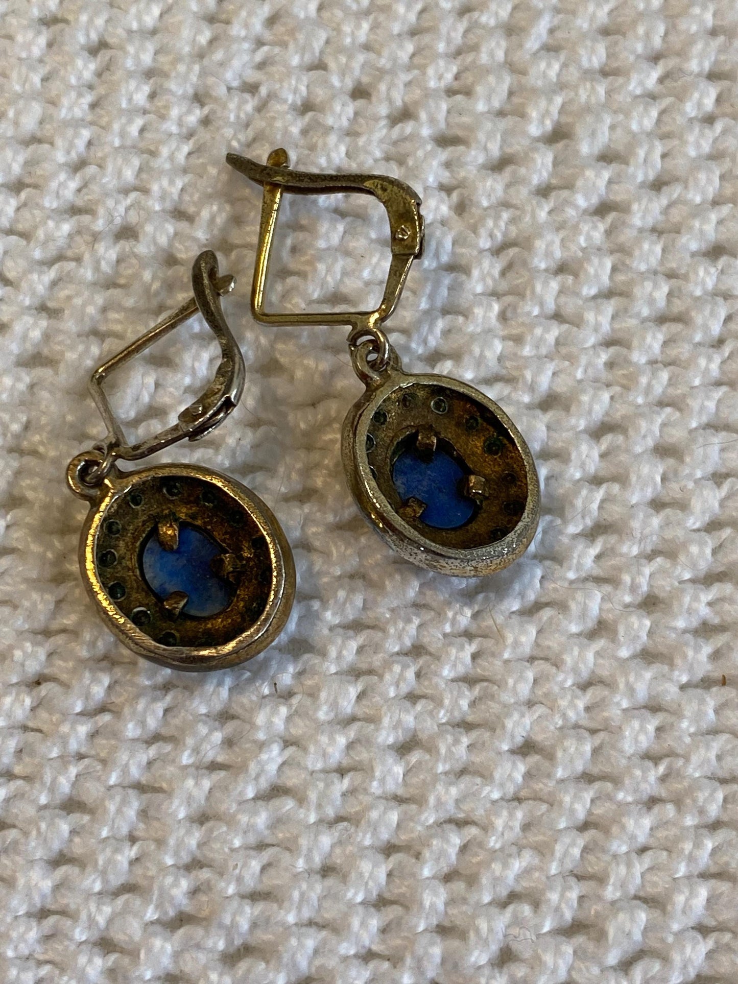 Orecchini pendenti vintage argento 835 cabochon blu & cristalli, leverback anni 60 piccoli drop eleganti gioiello raro collezione