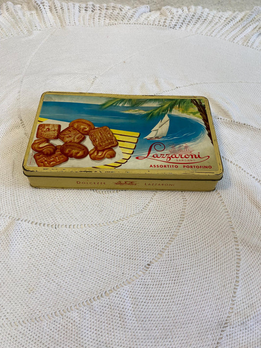 Scatola biscotti Lazzaroni “Assortito Portofino anni 50, latta 28×16×5 cm, grafica barca a vela, decor retrò cucina, storage vintage,Italy