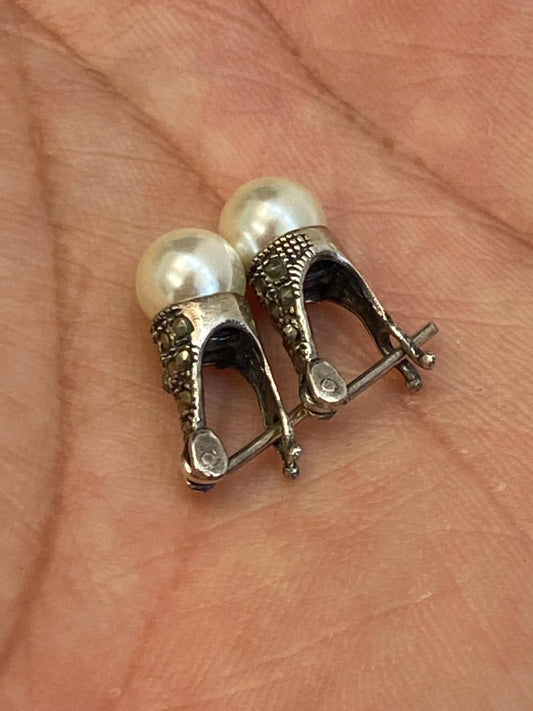 Orecchini vintage in argento con marcasite e perla sintetica 1,5 cm | Stile rétro anni '50 | Gioielli eleganti art déco